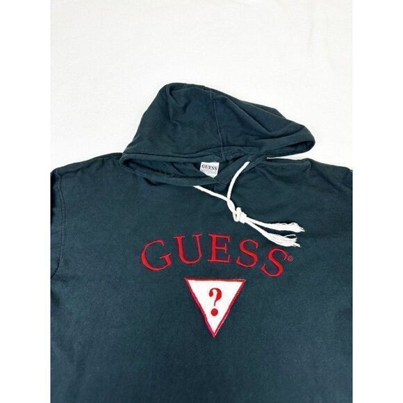Vintage 90s Guess Hoodie T-Shirt Black Large Embroidered - Picture 1 of 9